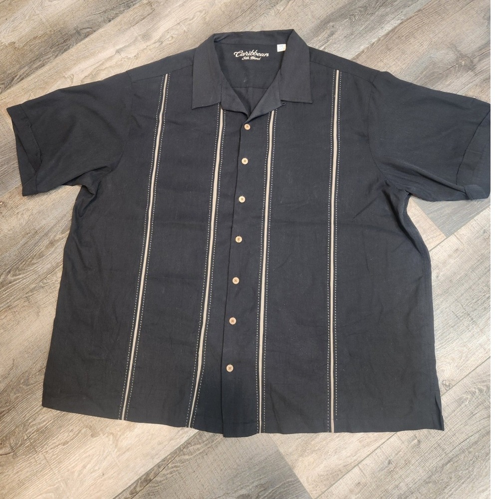 Caribbean Silk Blend Shirt Mens 4XB Black Striped Camp Collar Guayabera